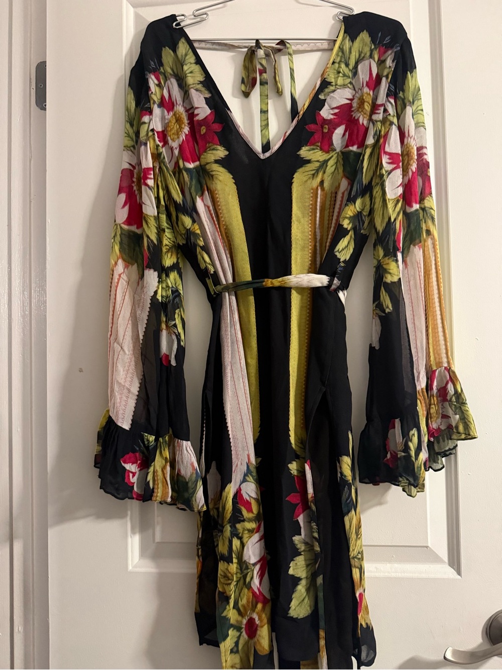 Nicole Miller Black Floral V-Neck Long Sleeve Dress with Yellow & Pink Accents